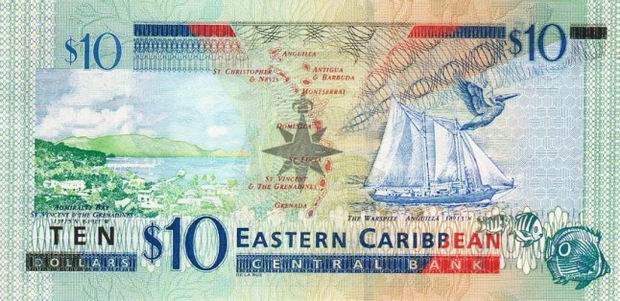 Купюра номиналом 10 восточнокарибских долларов, обратная сторона